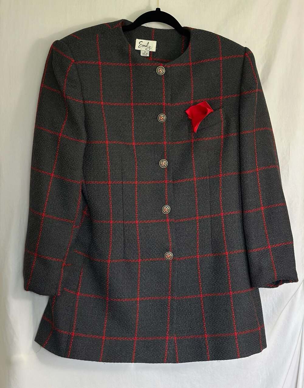 Emily Vintage Gray & Red Plaid Tweed Wool Coat Dress Size 12 Like New